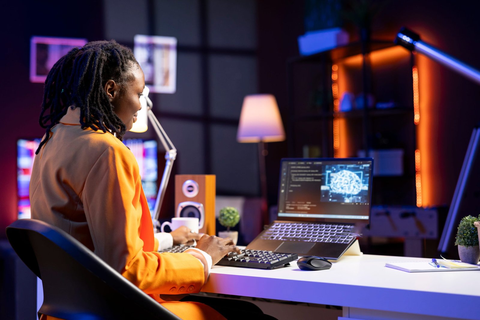 Professional female software engineer working on laptop in modern office